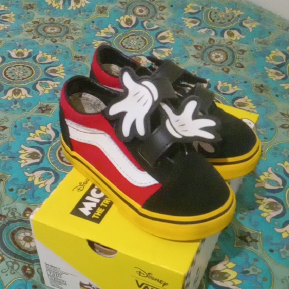 Vans Kids Red, Black & Yellow Mickey-Inspired Velcro Sneakers